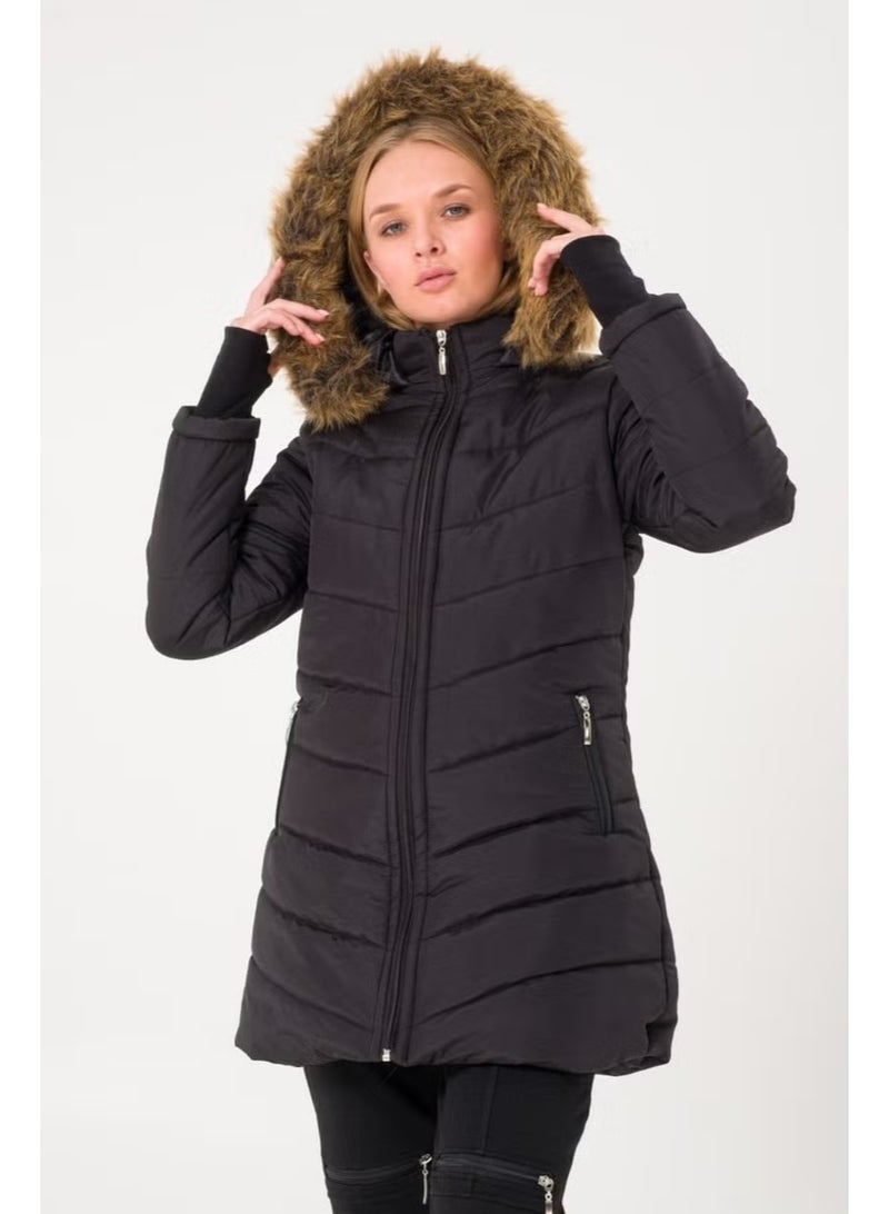 Barbora Winter Women's Puffer Coat with Gloves and Fur Hood V2BT121SIYAHH1 - Image 1